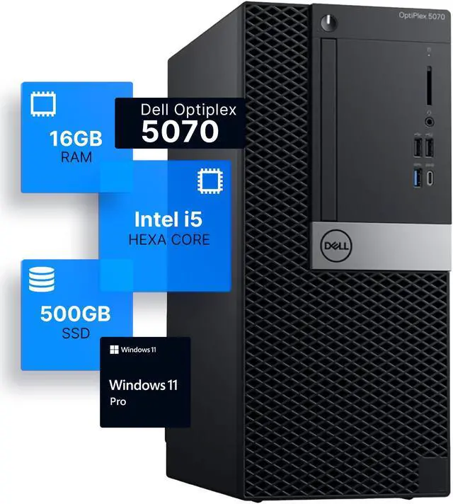 Main image of Dell Optiplex 5070 Tower Desktop Computer | Intel i5-8500 (3.2) | 16GB DDR4 RAM | 500GB SSD Solid State | Windows 11 Professional  | Home or Office PC