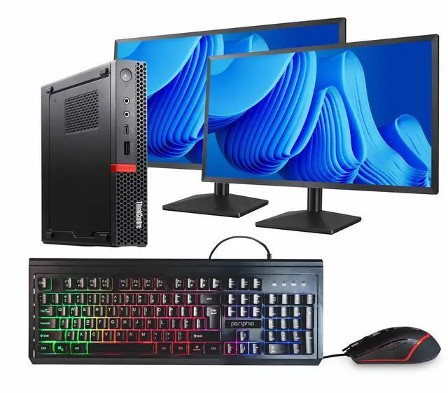 Main image of Lenovo ThinkCentre M720 Mini PC | Intel Core i5 8th Gen Hexa Core | 16GB RAM | 500GB SSD | Windows 11 Pro | Dual 24" LCD Monitors | WiFi + Bluetooth