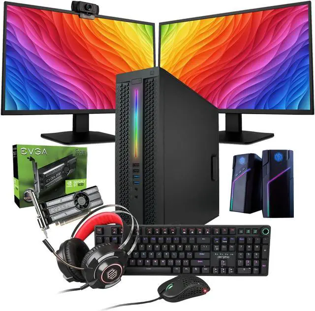 Main image of HP Prebuilt RGB Gaming Computer - Intel i5 Quad Core, GeForce GT 1030 2GB GPU, 16GB DDR4 RAM, 1TB SSD, Wi-Fi 5G + Bluetooth, Windows 10 Home | Dual 24in LCD Monitors, RGB Gaming Bundle + Webcam