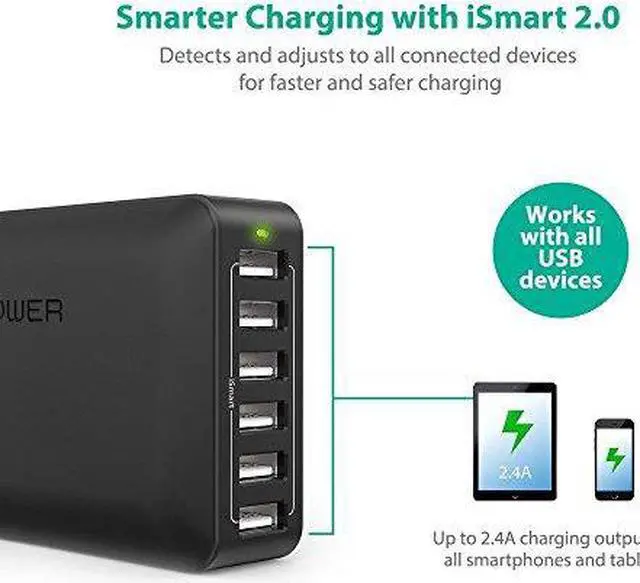 Alt view image 10 of 13 - RAVPower RP-UC10(B) 50W/10A 6-Port iSmart USB Charging Station / USB Travel Wall Charger for Most USB-Charged Devices - Black