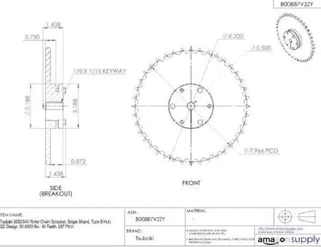 Alt view image 4 of 7 - TSUBAKI 50SDS40 Sprocket, 50 Chain Size, 40 Teeth