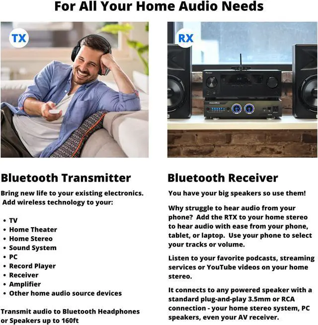 Alt view image 6 of 14 - 90M LONG RANGE Bluetooth Transmitter or Receiver for TV PC Stereo, Listen in HD with No Audio Delay, aptX Low Latency wireless Optical 3.5mm USB RCA (Home RTX 2.0-2 Yr Wrnty)
