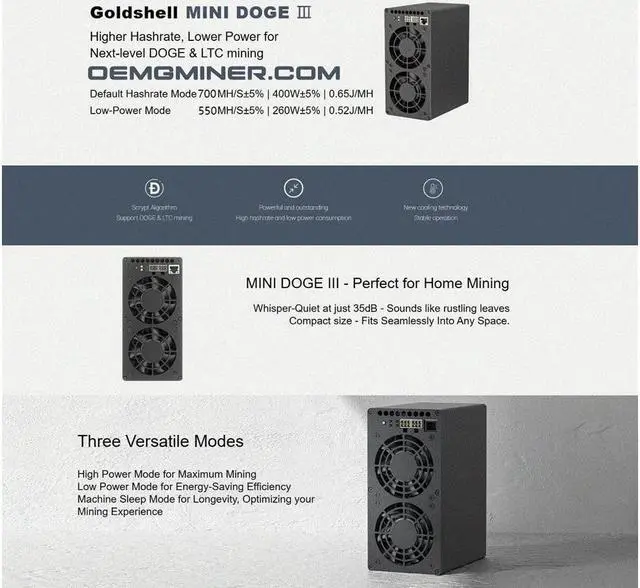 Alt view image 4 of 7 - New Goldshell Mini Doge 3 Miner Doge Coin LTC Dual Mode 700M or 550M No PSU