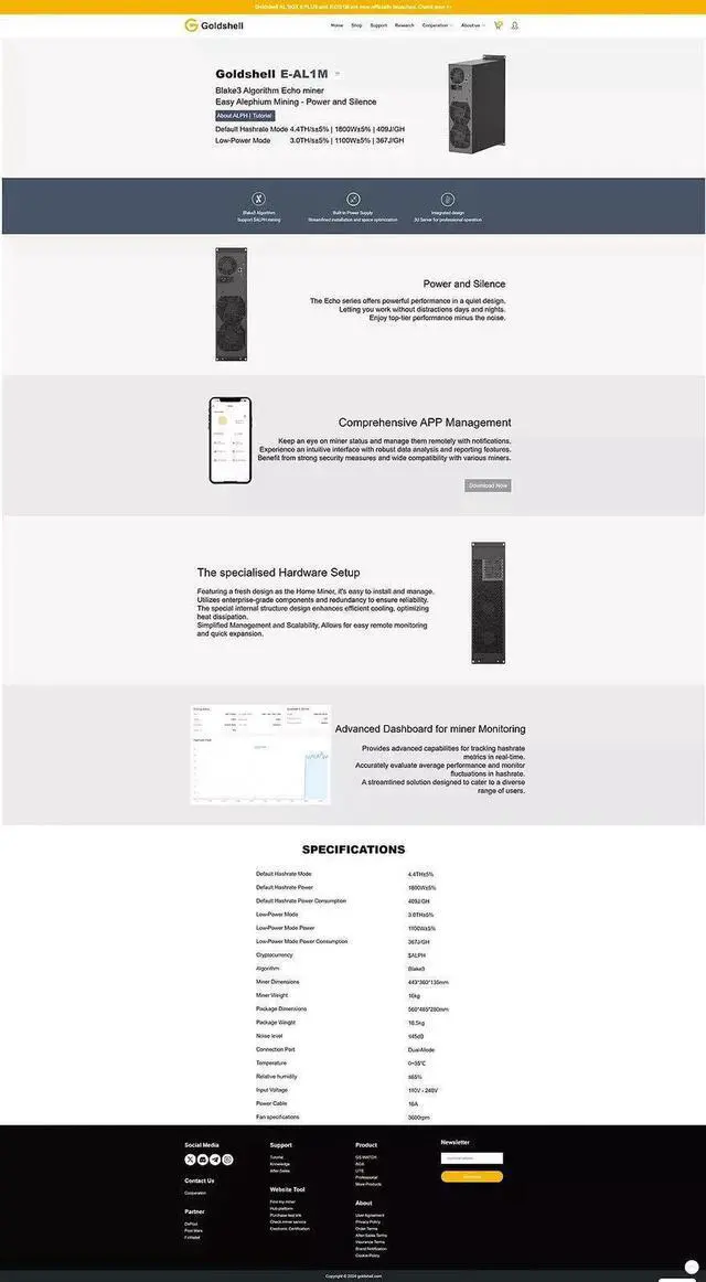 Alt view image 7 of 7 - Goldshell E-AL1M Mining Blake3 Algorithm Asic Miner ALPH 4.4Th/s 1800W 409J/TH