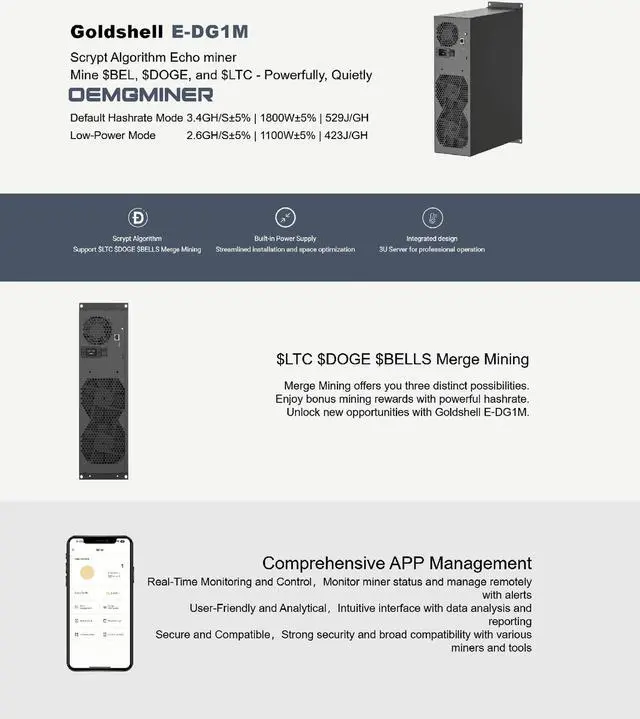 Alt view image 5 of 7 - Goldshell E-DG1M 3.4G 1800W DOGE BELLS LTC Miner Scrypt Algorithm with PSU