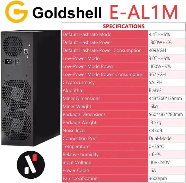 Alt view image 3 of 7 - NEW Miner Goldshell E-AL1M 4.4TH 1800W ALPH Black 3 Algorithm with PSU In Stock
