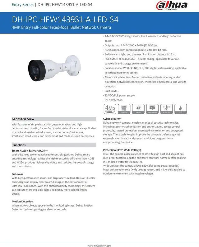 Alt view image 5 of 7 - IPC-HFW1439S1-A-LED-S4 4MP Full-color POE Bullet IP Surveillance Camera Security IP67 Built-in Mic Warm Light 3.6mm lens