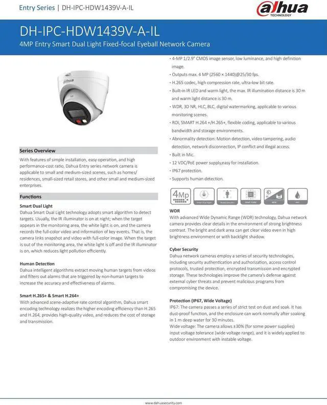 Alt view image 5 of 7 - IPC-HDW1439V-A-IL 4MP Entry Smart Dual Light Dual Light Fixed-focal Built in Mic POE IP67 Eyeball Network Camera