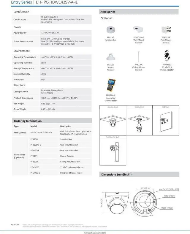 Alt view image 7 of 7 - IPC-HDW1439V-A-IL 4MP Entry Smart Dual Light Dual Light Fixed-focal Built in Mic POE IP67 Eyeball Network Camera