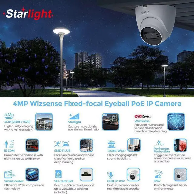 Alt view image 4 of 7 - DH-IPC-HDW2441T-S 4MP 2.8MM Lens WizSense camera POE IP67 Built in MiC & SD Card Slot Starlight IR 30M SMD Plus IP Camera 3.6mm lens