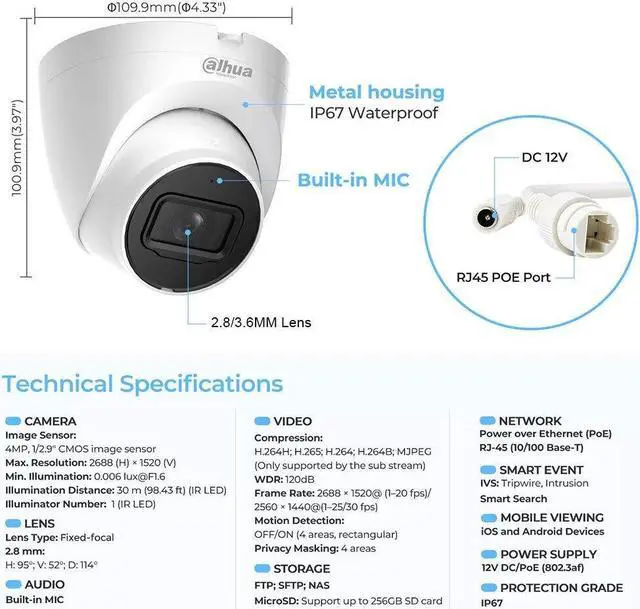 Alt view image 6 of 7 - DH-IPC-HDW2441T-S 4MP 2.8MM Lens WizSense camera POE IP67 Built in MiC & SD Card Slot Starlight IR 30M SMD Plus IP Camera 3.6mm lens