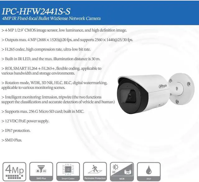 Alt view image 4 of 7 - IPC-HFW2441S-S 4MP 2K Bullet WizSense Network IP Camera IR 30M built-in MIC SD Slot SMD Plus IVS POE H.265 IP67 Black 3.6mm lens