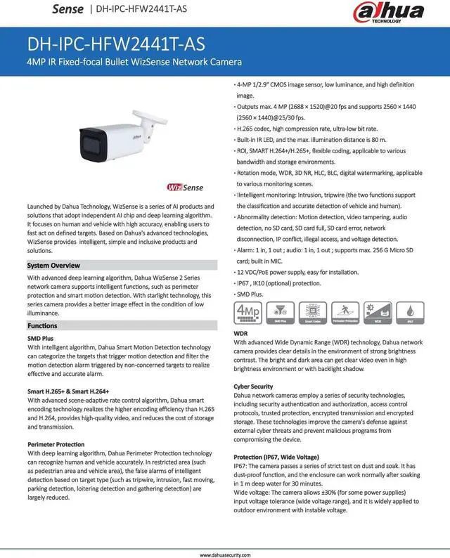 Alt view image 5 of 7 - IPC-HFW2441T-AS 4MP WizSense Bullet IP Camera IR80m SMD+ PoE Built-in Mic White 6mm lens