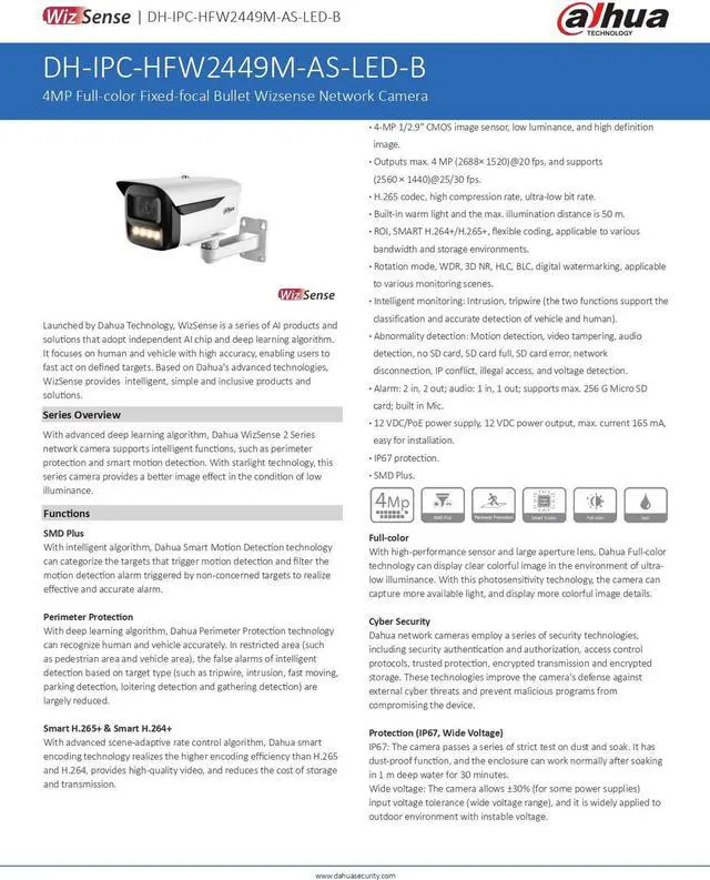 Alt view image 4 of 6 - IPC-HFW2449M-AS-LED-B 4MP Full-color Bullet Wizsense IP Camera MIC POE