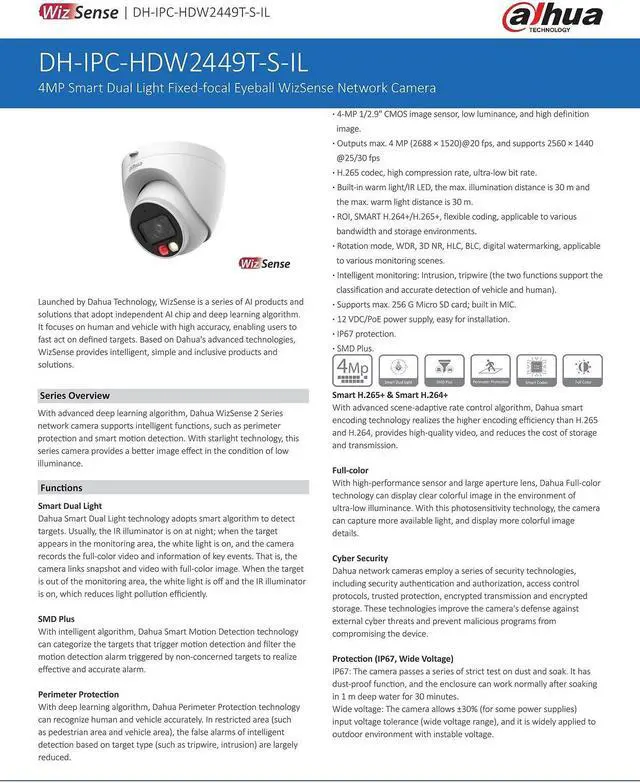 Alt view image 3 of 5 - IPC-HDW2449T-S-IL 4MP WizSense Full Color+IR IP Camera Dual Light MIC