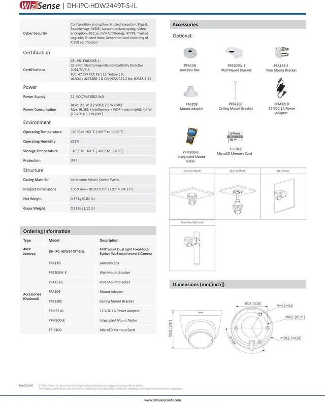 Alt view image 5 of 5 - IPC-HDW2449T-S-IL 4MP WizSense Full Color+IR IP Camera Dual Light MIC