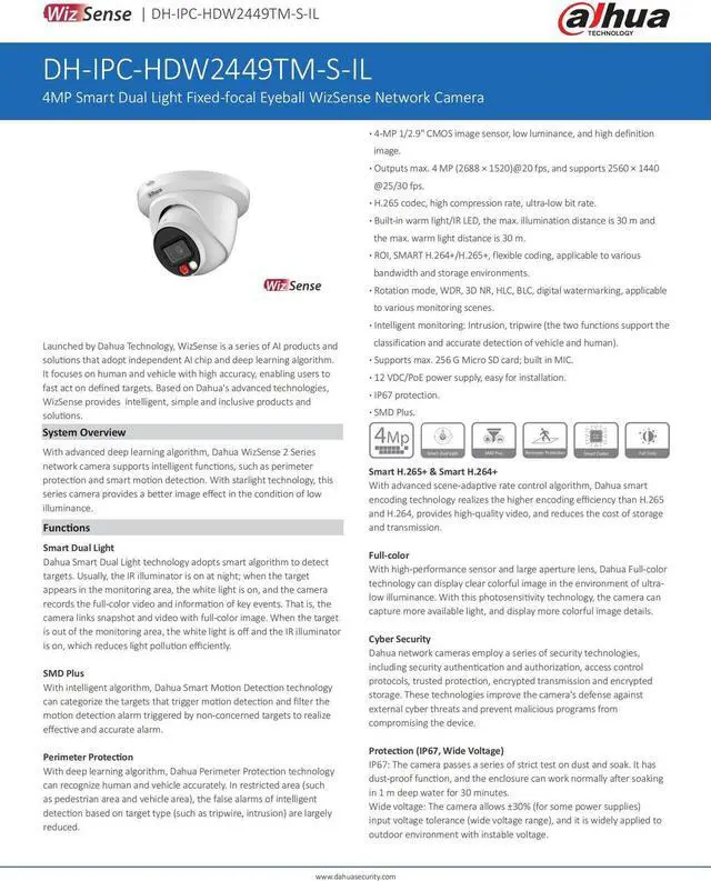 Alt view image 3 of 5 - AI IPC-HDW2449TM-S-IL 4MP Smart Dual Light Eyeball WizSense Network IP Camera Support Human Detection Black 2.8mm lens