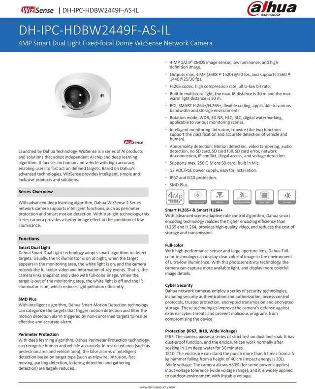 Alt view image 4 of 7 - 4MP Full-Color WizSense PoE IP Camera IPC-HDBW2449F-AS-IL Smart-Dual-Light