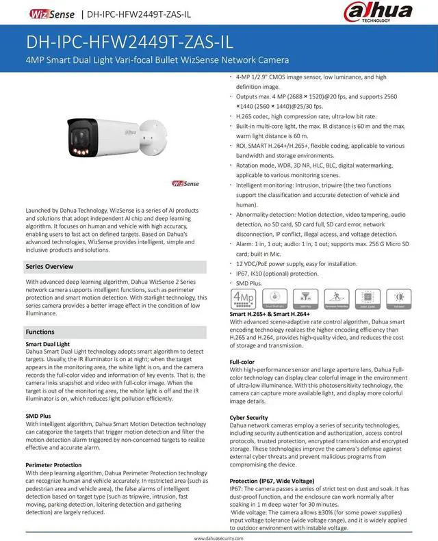Alt view image 3 of 5 - IPC-HFW2449T-ZAS-IL 4MP Color IR 5x Zoom WizSense Camera PoE MIC SMD+ Lot