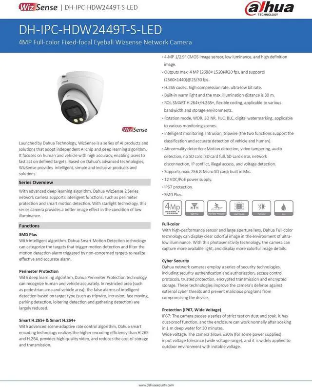 Alt view image 4 of 7 - 4MP IPC-HDW2449T-S-PV Smart Dual Light Mic + Speaker WizSense POE Camera 3.6mm lens