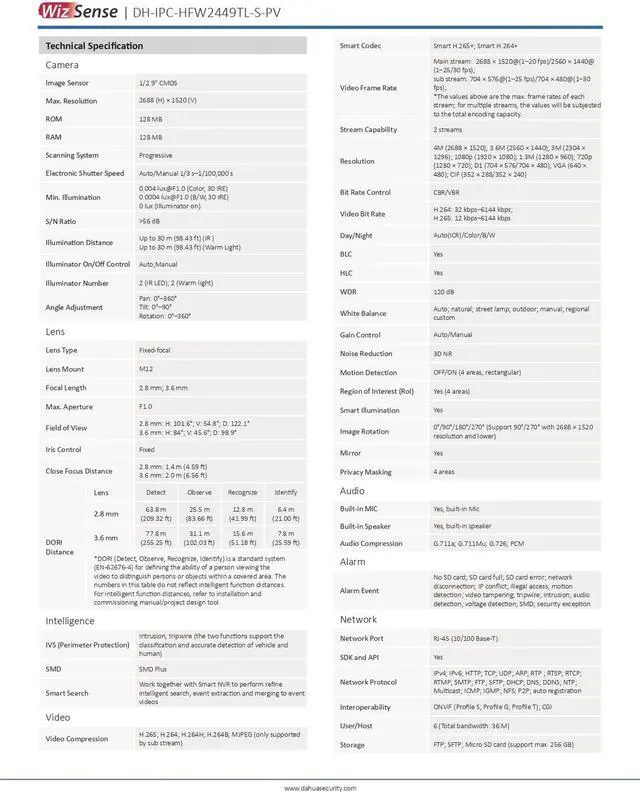 Alt view image 6 of 7 - IP Full-Color IPC-HFW2449TL-S-PV 4MP WizSense PoE 2-Way Talk SMD+ Camera