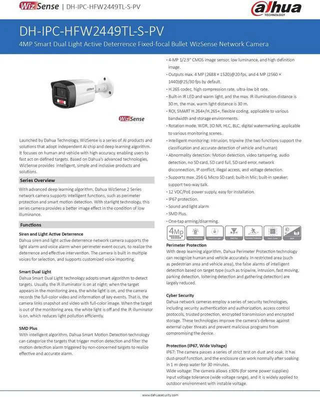 Alt view image 5 of 7 - Full-Color IPC-HFW2449TL-S-PV 4MP WizSense PoE 2-Way Talk IP Camera SMD+