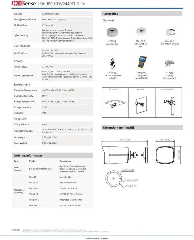 Alt view image 7 of 7 - Full-Color IPC-HFW2449TL-S-PV 4MP WizSense PoE 2-Way Talk IP Camera SMD+