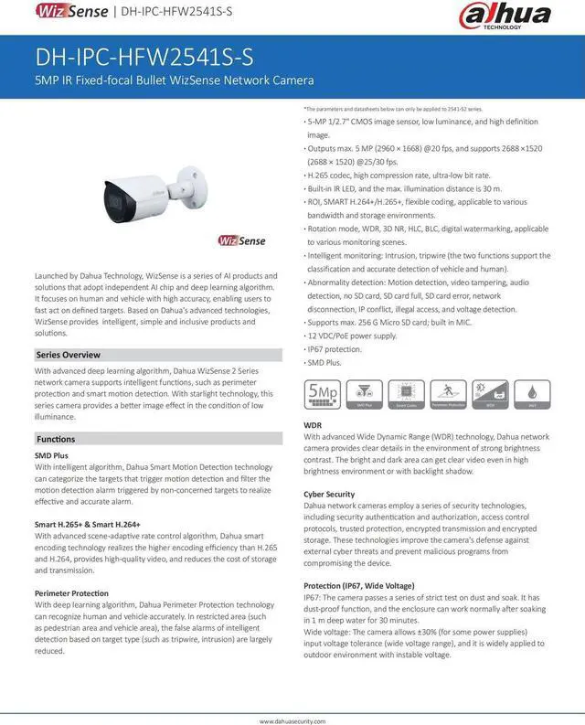 Alt view image 4 of 6 - IPC-HFW2541S-S-S2 5MP Starlight IR Wizsense Bullet IP Camera MIC SMD Plus