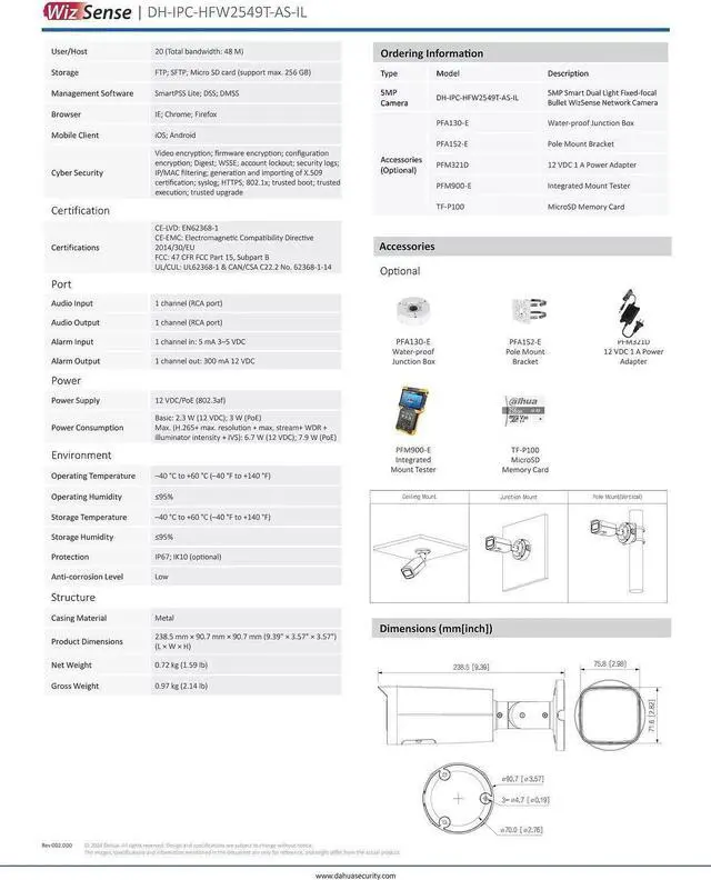 Alt view image 6 of 6 - IPC-HFW2549T-AS-IL 5MP Full-Color Wizsense IP Camera Built-in Mic PoE SMD+