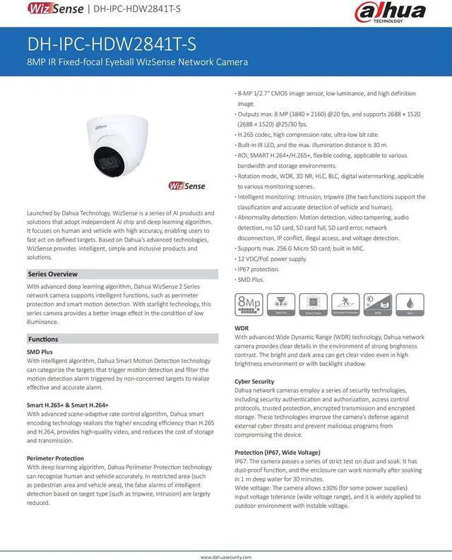 Alt view image 3 of 5 - Starlight IPC-HDW2841T-S 8MP POE IR Eyeball Network IP Camera Wizsense WDR Black 2.8mm lens