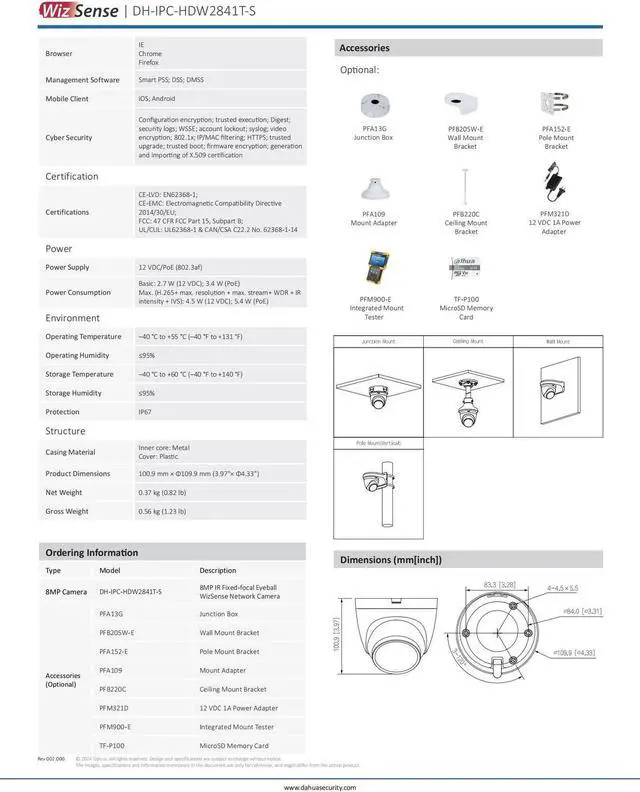 Alt view image 5 of 5 - 8MP IR WizSense IP Camera 4K IPC-HDW2841T-S Starlight Mic SMD Plus US Black 2.8mm lens