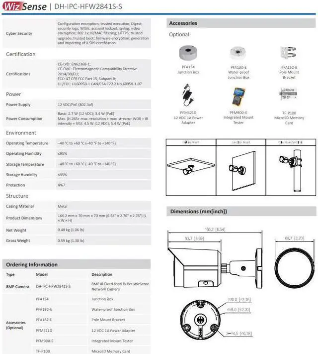 Alt view image 6 of 6 - IPC-HFW2841S-S 4K Wizsense Night IR POE IP Camera 8MP Mic SD Slot Bullet Black 2.8mm lens