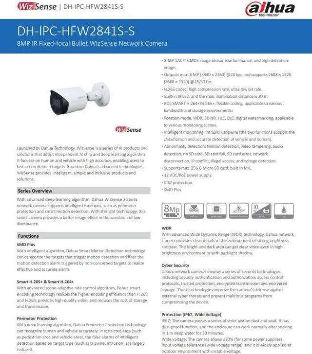 Alt view image 4 of 6 - 8MP Bullet IP POE Camera IPC-HFW2841S-S WizSense POE SMD Plus MIC MD US Black 3.6mm lens