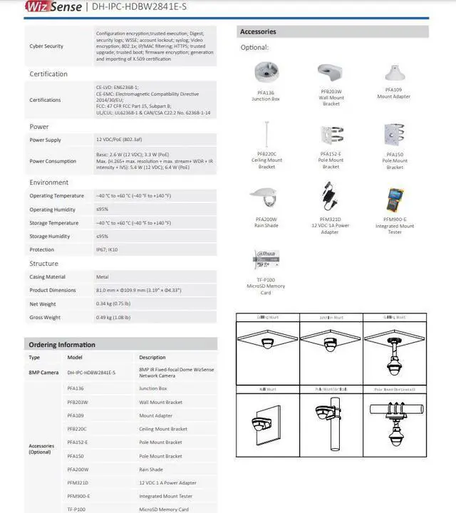 Alt view image 5 of 6 - 4K 8MP POE Mic H.265+ WizSense IP Camera DH-IPC-HDBW2841E-S IP67