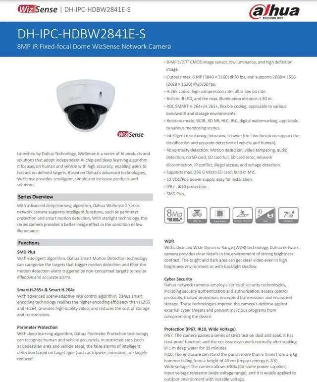 Alt view image 3 of 6 - IPC-HDBW2841E-S Starlight 8MP IP Dome Camera IR30m WDR IVS H.265+ PoE MIC