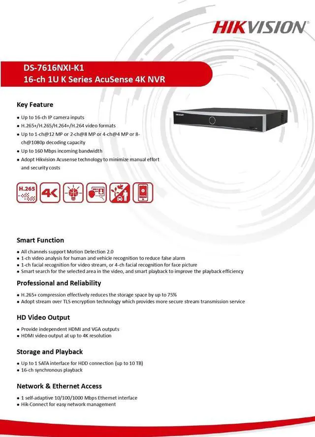 Alt view image 3 of 7 - DS-7616NXI-K1 4K AcuSense NVR 16-Channel Network Video Recorder