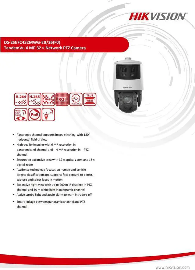 Alt view image 3 of 7 - DS-2SE7C432MWG-EB/26(F0) 6+4 MP 32X TandemVu ColorVu Speed Dome Camera