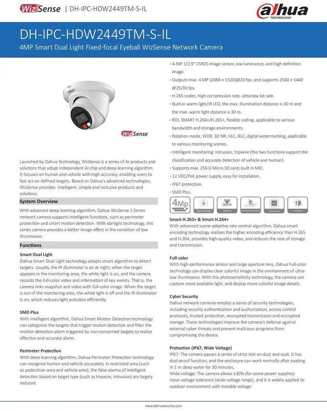 Alt view image 5 of 7 - 4MP Full Color MIC Dual Light WizSense IPC-HDW2449TM-S-IL SMD+ IP Camera 3.6mm