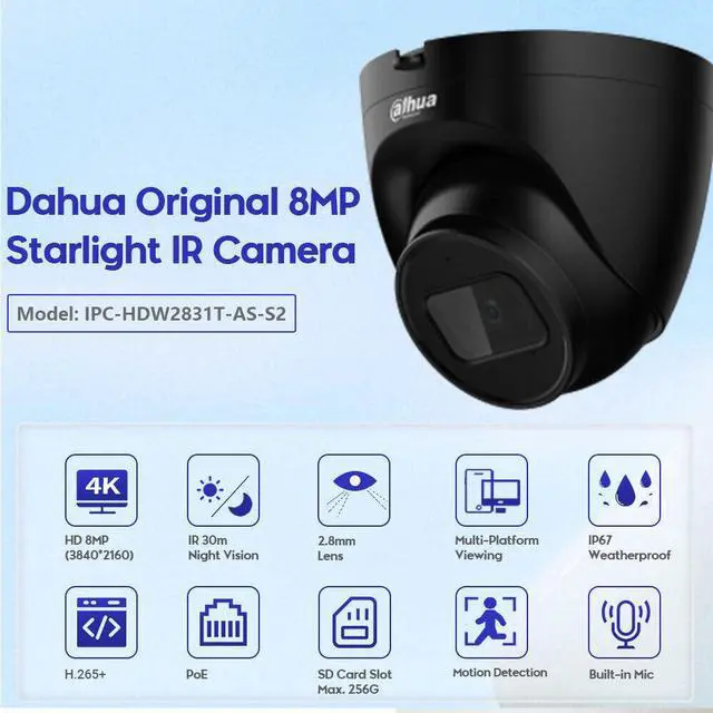Alt view image 5 of 7 - 8MP Starlight MIC IPC-HDW2831T-AS-S2 POE Turret IR30m IP Camera IVS IP67 Black 2.8mm lens