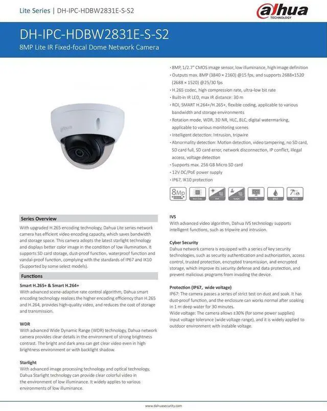 Alt view image 4 of 6 - 8MP Lite IR Fixed-focal Dome Network POE Camera IP67 IPC-HDBW2831E-S-S2 US Black 2.8mm lens