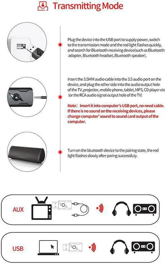 Alt view image 6 of 6 - 5.0 Bluetooth TX 3.5Mm AUX RX USB Bluetooth 5.0 Adapter Dual Output Computer Audio Adapter BT5.0, A2DP, AVRCP