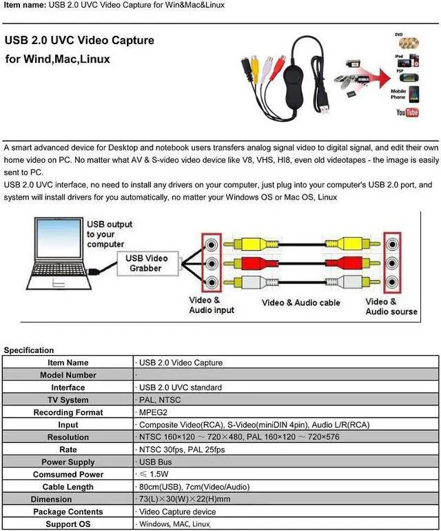 Alt view image 4 of 6 - EZCAP 158 USB 2.0 S-Video Grabber Video Capture Card Record for VHS Player Camcorder Camera Game Box for Windows10/8/7 MAC Win10