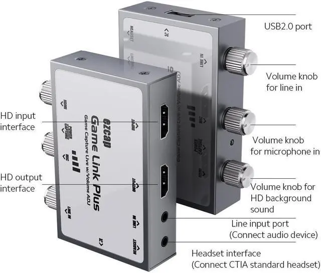Alt view image 5 of 6 - Game Link Plus Game Video Capture Box 1080P Capture Card Maximum Support 2160P HD Video Input/Output w/ Volume Adjustment Knobs