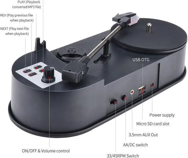 Alt view image 4 of 6 - Direct-drive Vinyl to MP3 Converter Turntable to MP3 Adapter to U Disk Micro SD Card 3.5mm AUX Port 2 Adjustable Speeds