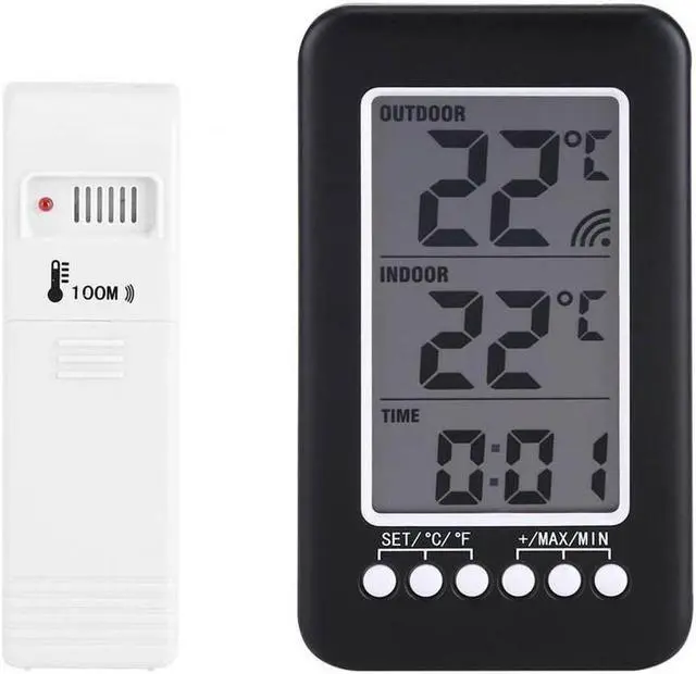 Main image of Indoor/Outdoor Thermometer, LCD Digital Indoor Outdoor Thermometer Clock Temperature Meter Wireless Transmitter for Greenhouse (Black)