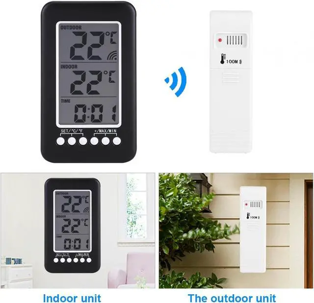 Alt view image 3 of 7 - Indoor/Outdoor Thermometer, LCD Digital Indoor Outdoor Thermometer Clock Temperature Meter Wireless Transmitter for Greenhouse (Black)