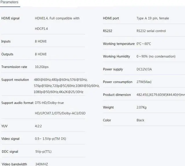 Alt view image 4 of 7 - Genuine LKV818 4K 8x8 HDMI Matrix Switch 4Kx2K@30Hz HDMI1.4 YUV4:2:2 HD 3D Switcher 8 In 8 Out HDCP1.4 with IR Remote Control RS232