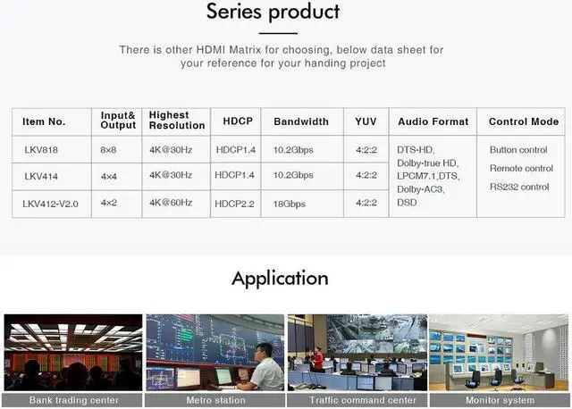 Alt view image 7 of 7 - Genuine LKV818 4K 8x8 HDMI Matrix Switch 4Kx2K@30Hz HDMI1.4 YUV4:2:2 HD 3D Switcher 8 In 8 Out HDCP1.4 with IR Remote Control RS232