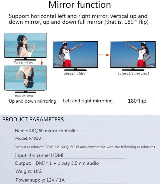 Alt view image 3 of 7 - 4K HDMI Controller Left Right Mirror Flip Horizontal Up Down Processor Image Interception Zoom 90 270 Degree Rotation