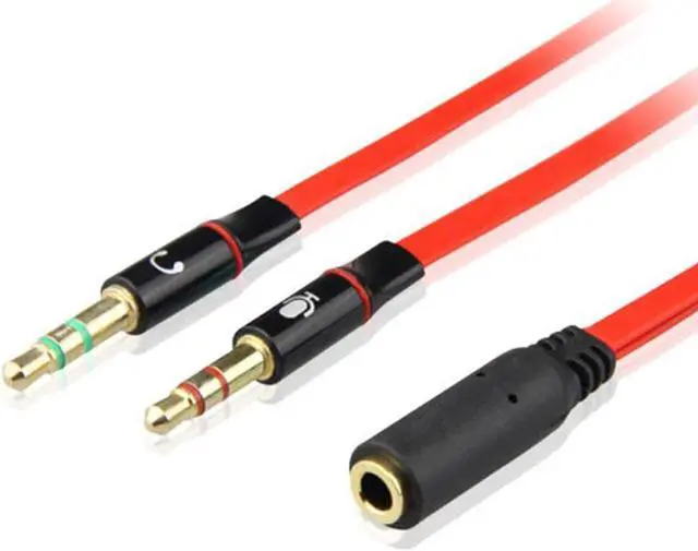 Main image of 3.5mm 4 Position TRRS Female to 2 3-Pole Male Gold Plated Headphone Mic Audio Y Splitter Flat Cable - 8 inch,Red